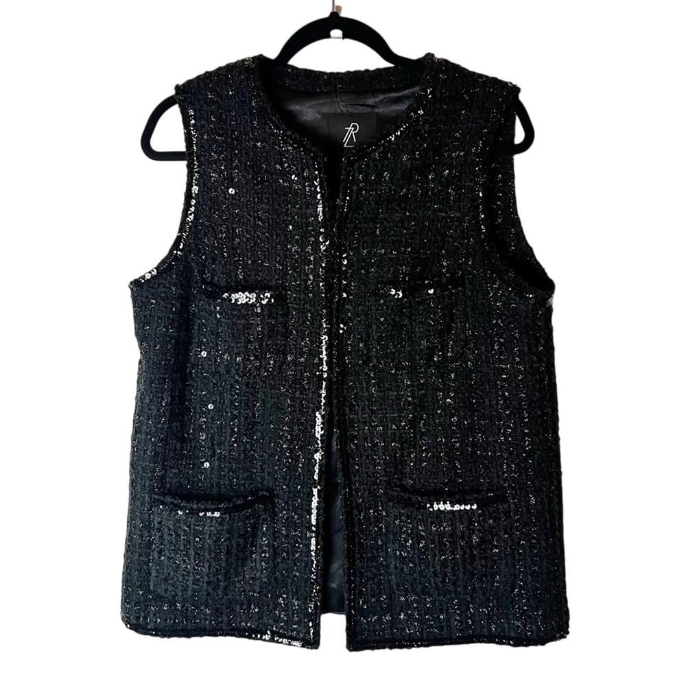 SZ M Rachel Zoe Black Wool Silk Blend Vest with Sequins Accent